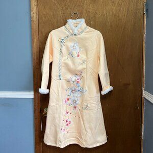 Yellow White Flora Qipao Midi Dress - Faux Suedue Fleece